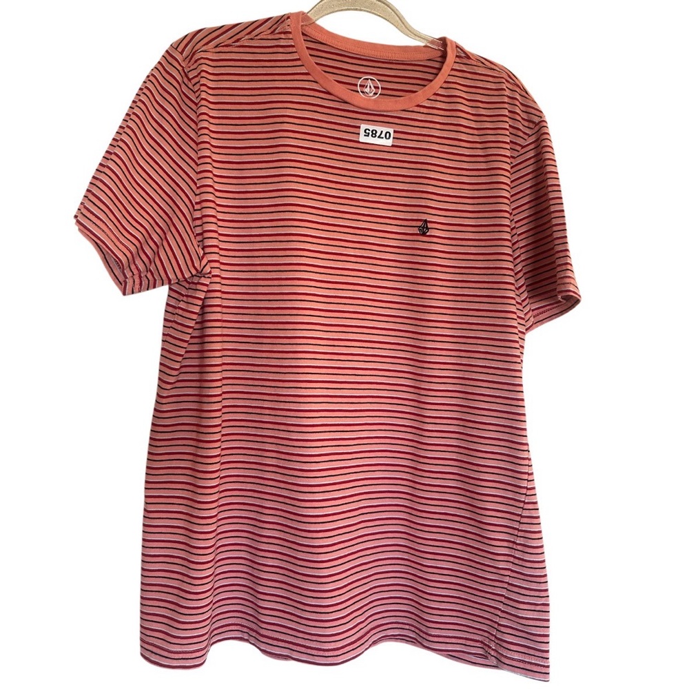 Volcom Red Black Pink Striped Short Sleeve Tee Men’s XL Short Sleeves Crew Neck
